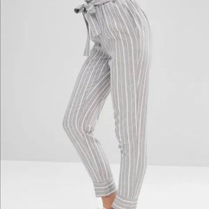 Small Grey Belted White Striped High Waisted Tapered Pants